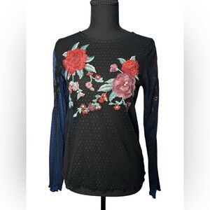 American Eagle Womens Black Sheer Top M Whimsygoth Polka Dot Fairygrunge Floral